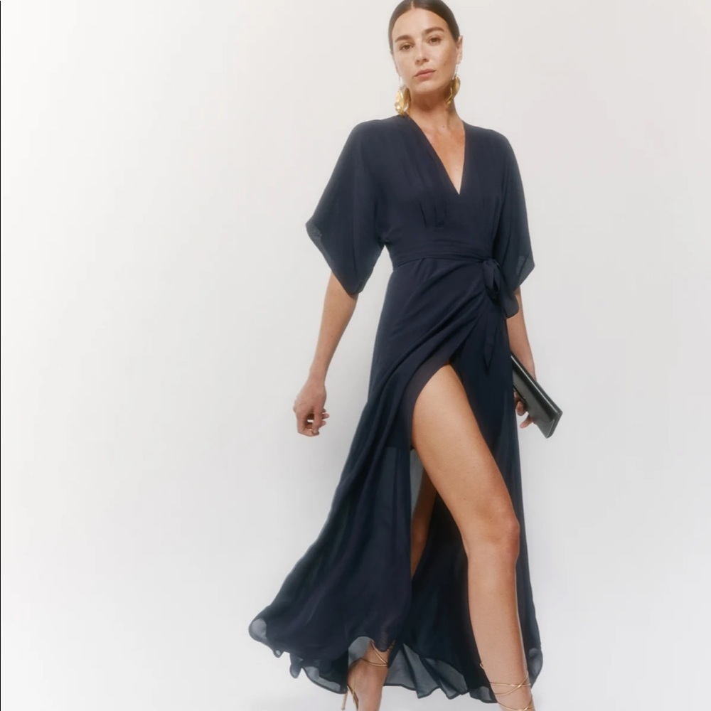 Reformation Winslow dress navy blue small wrap slit
